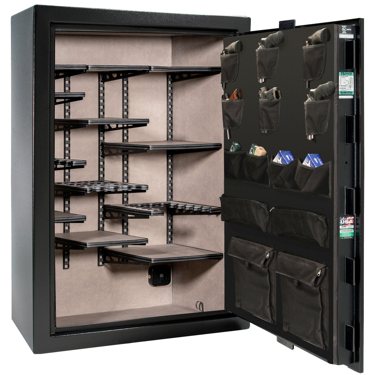 Colonial 35 | Pro Flex Interior | Level 4 Security | 75 Minute Fire Protection | Dimensions: 60.5"(H) x 42"(W) x 22"(D) | Up to 45 Long Guns | Black Gloss | Electronic Lock - Open