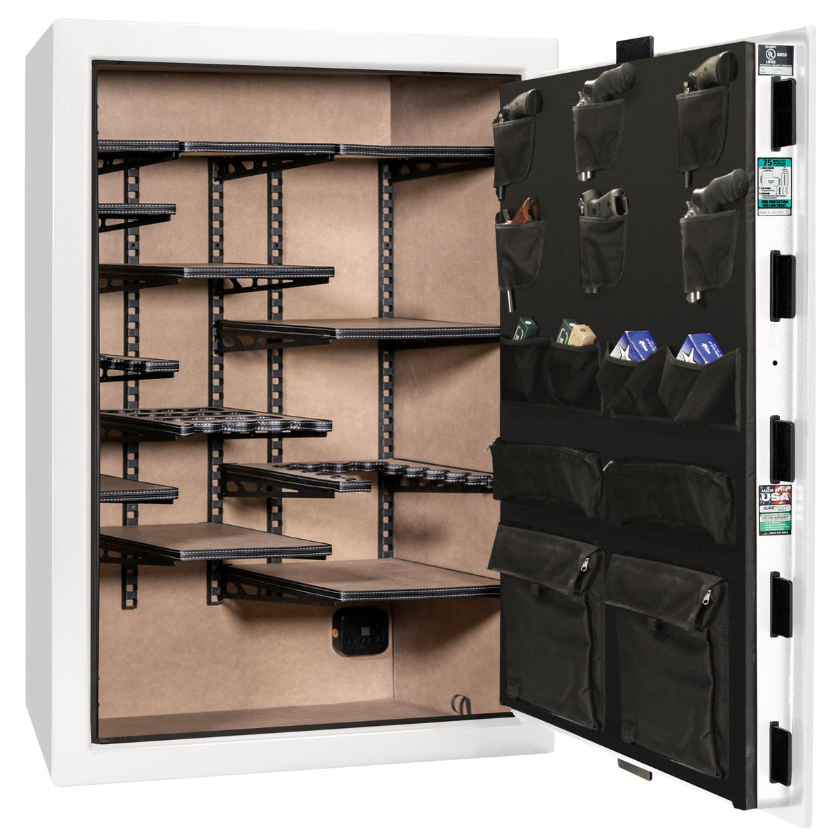 Colonial 35 | Pro Flex Interior | Level 4 Security | 75 Minute Fire Protection | Dimensions: 60.5&quot;(H) x 42&quot;(W) x 22&quot;(D) | Up to 45 Long Guns | White Gloss Black Chrome | Mechanical Lock - Open